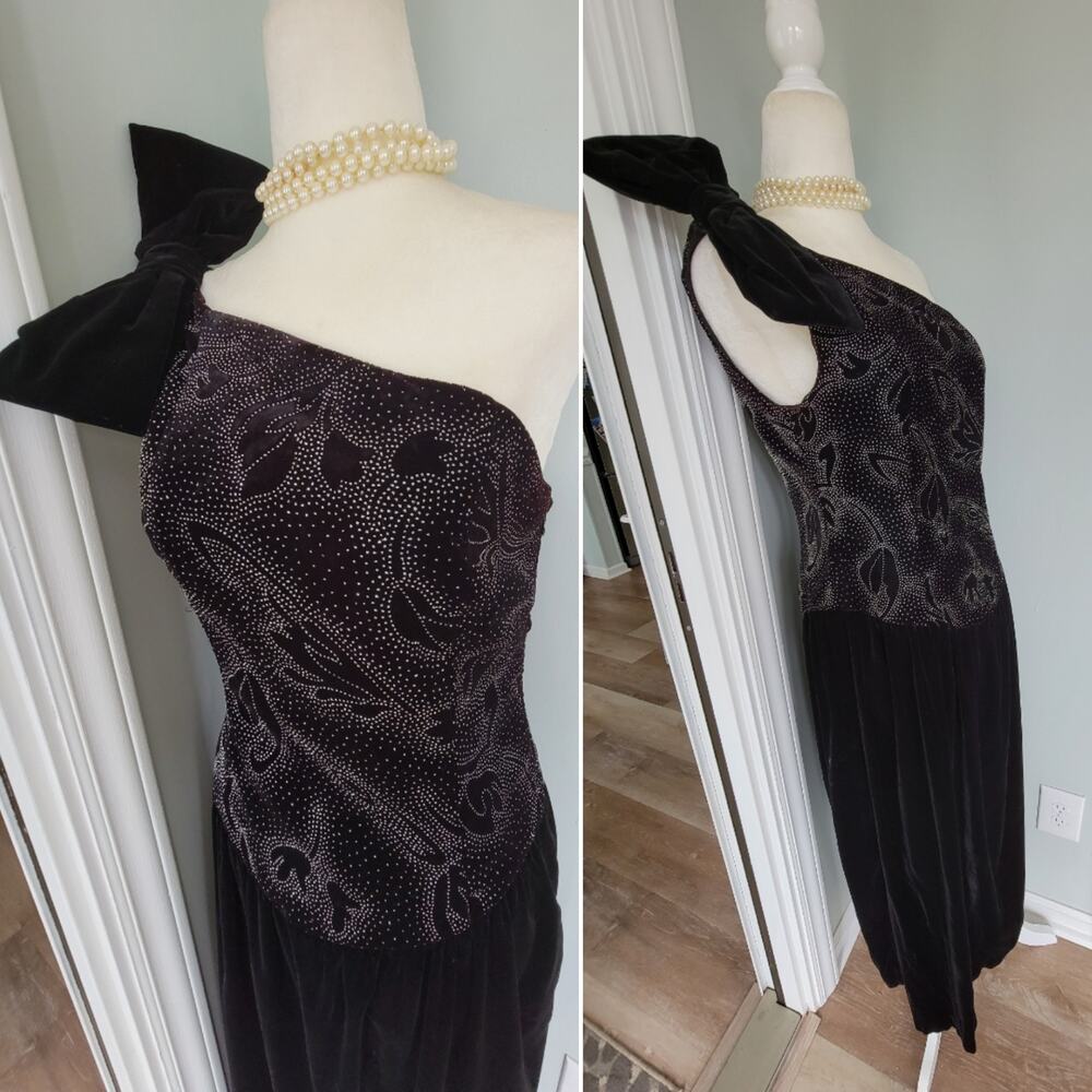 Vintage Cache Bari Protas velvet 1980s one shoulder dress bow